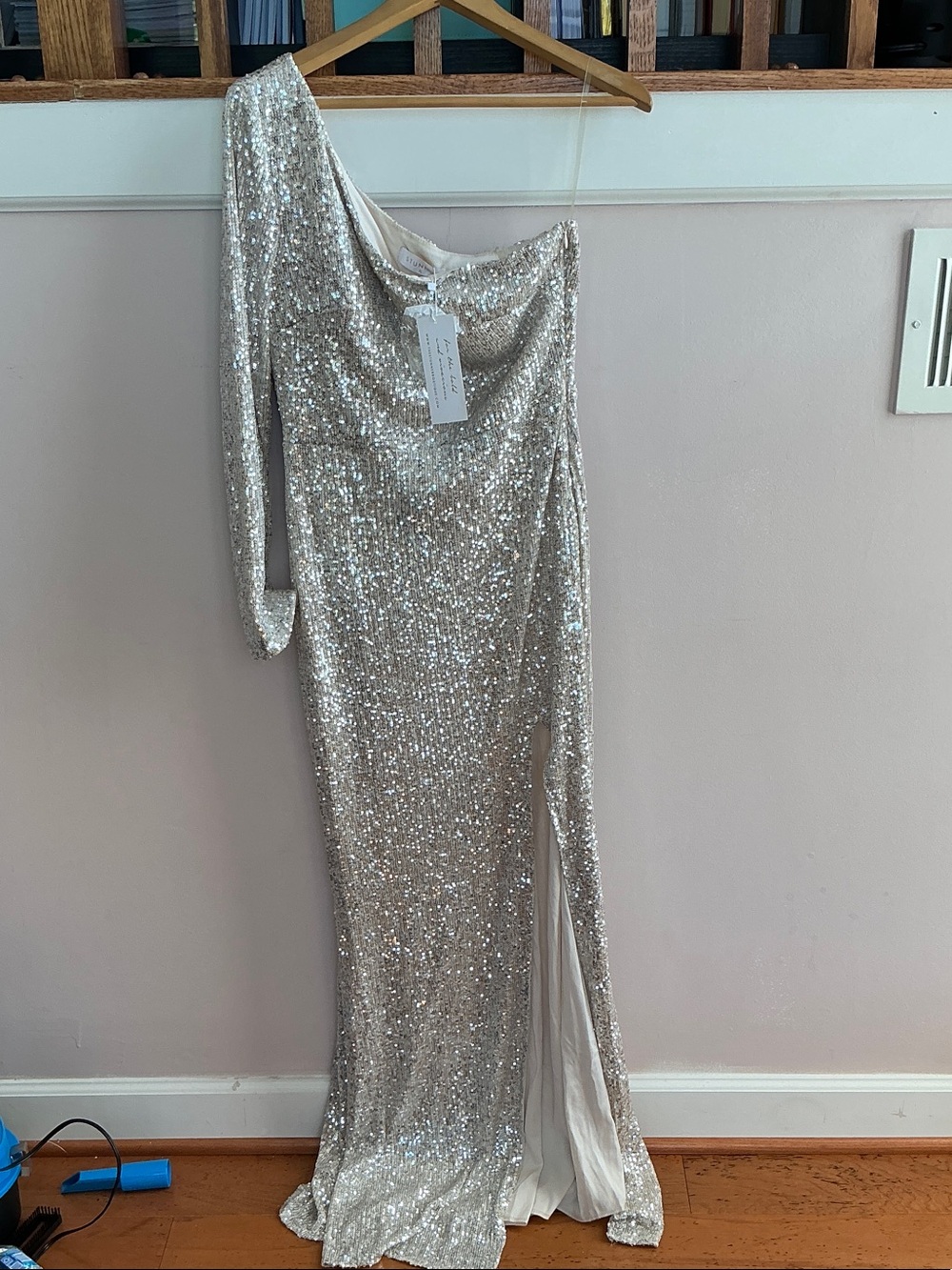 One-Shoulder Sequin Evening Gown in Champagne